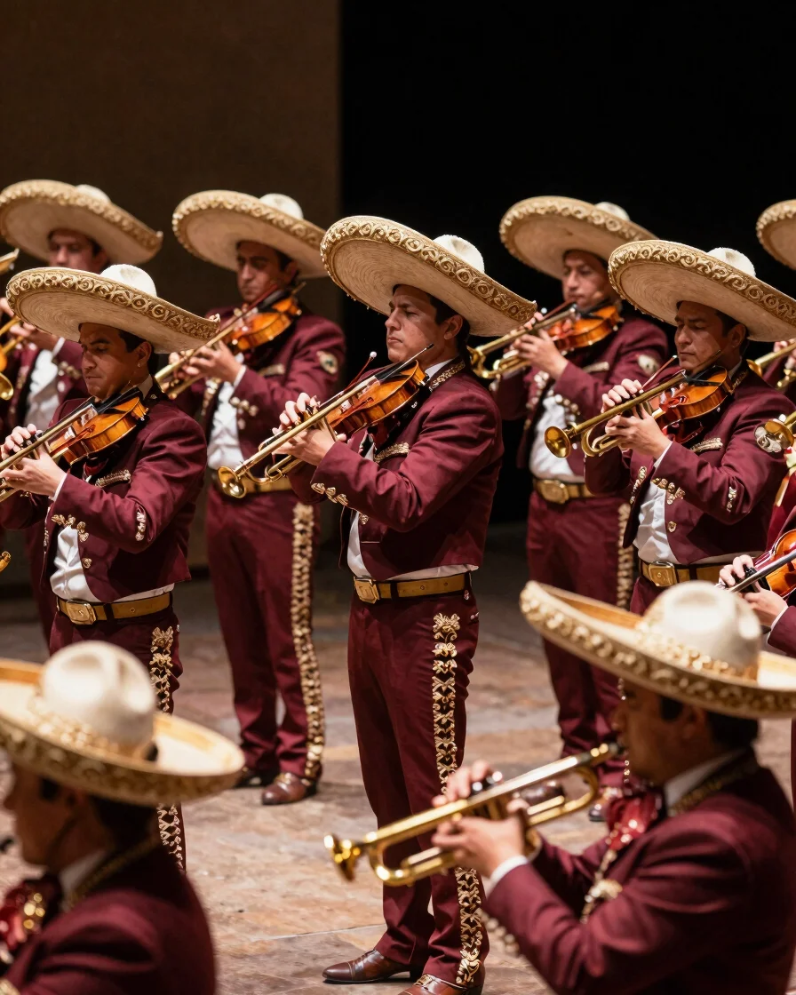 Mariachi Alma Mestiza performing on stage, warm editorial photography, rich burgundy and gold tones, stage ambient light