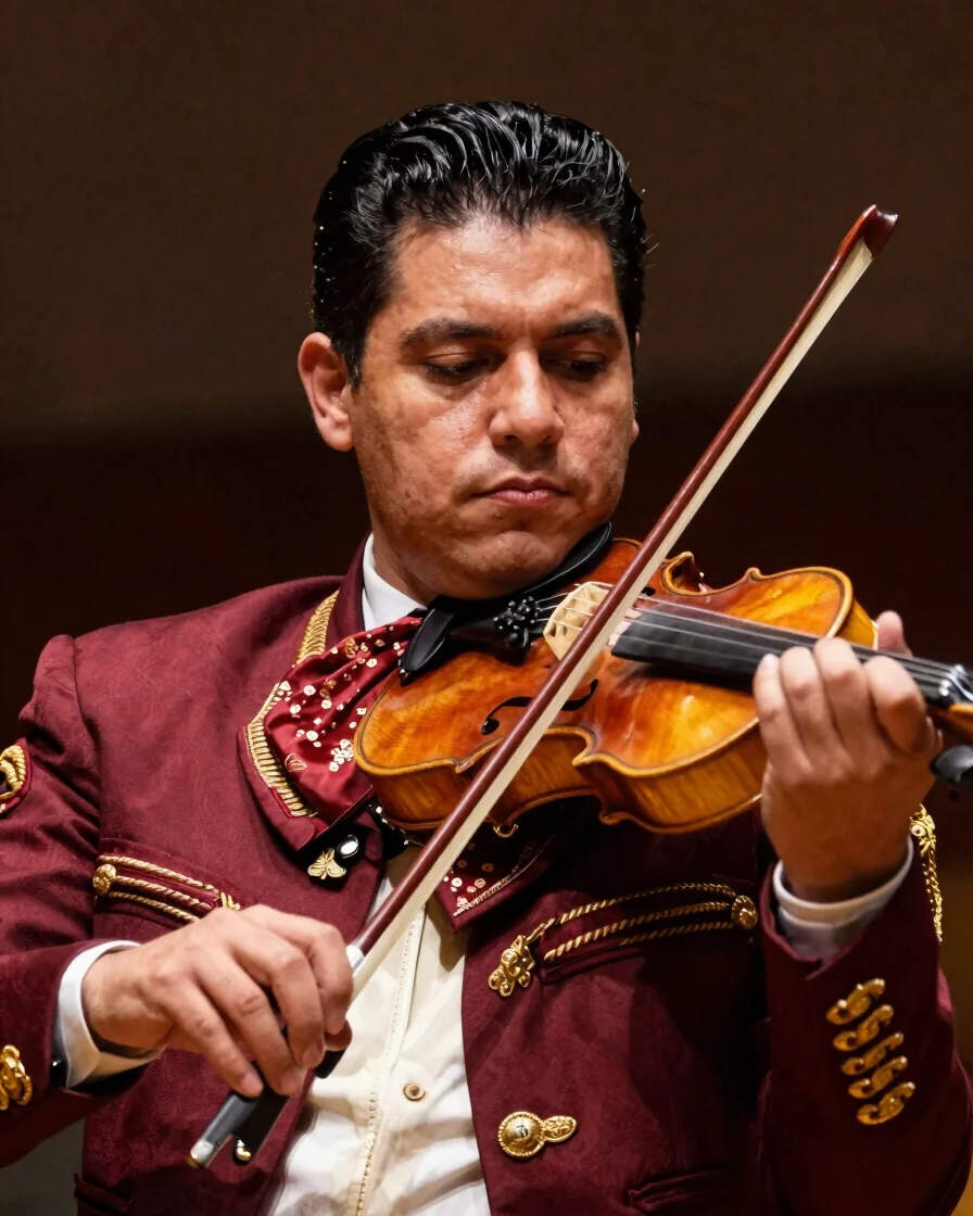 Close-up portrait of a Mariachi Alma Mestiza musician playing a violin, warm editorial photography, rich burgundy and go